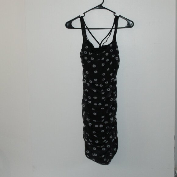 Choosy Black & White Floral Daisy Ruched Open Midrift Cutout Dress Size XS - Picture 2 of 9